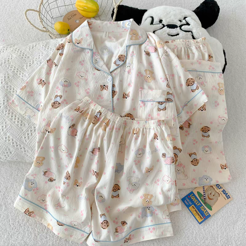 可爱卡通短袖短裤睡衣女夏季云朵棉甜美风家居服