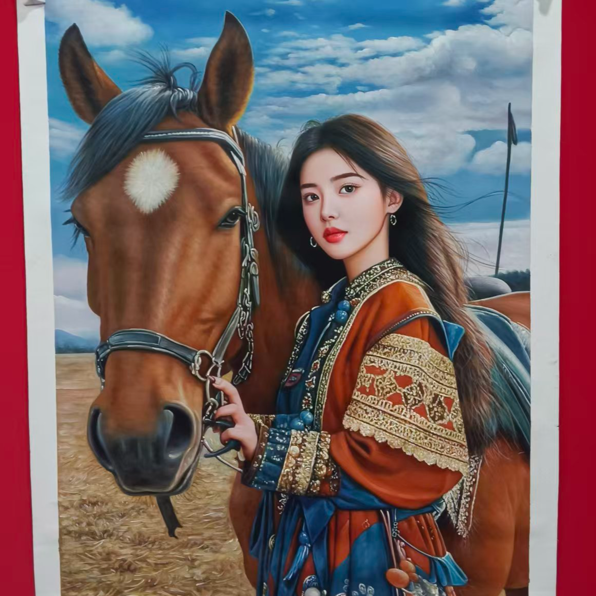 李新社手绘宣纸油画棕马公主120*90竖幅-油画