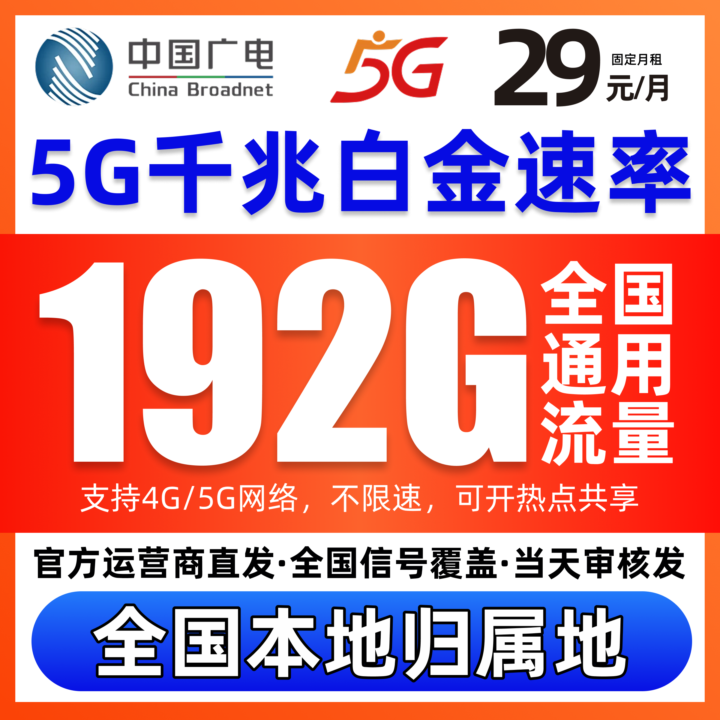 永29元流量卡广电卡5G低月租大流量卡本地号正规手机卡广电话卡