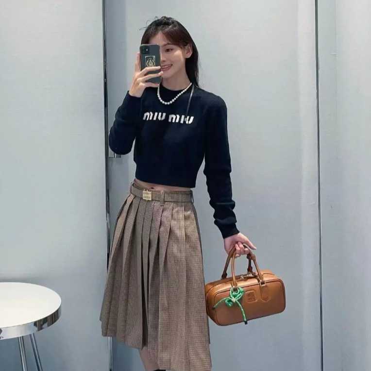 99新 MIU MIU/缪缪 IW0381 24款 棕色千鸟格羊毛百褶半身裙 42码