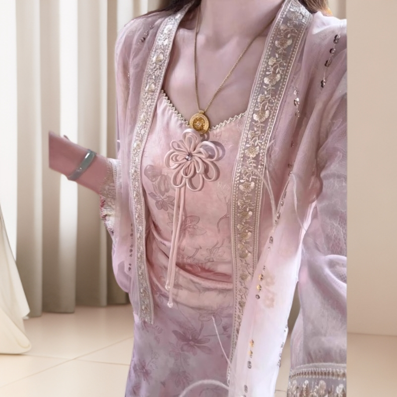 新中式粉色重工设计感吊带裙开衫套装初秋新款女装两件套装