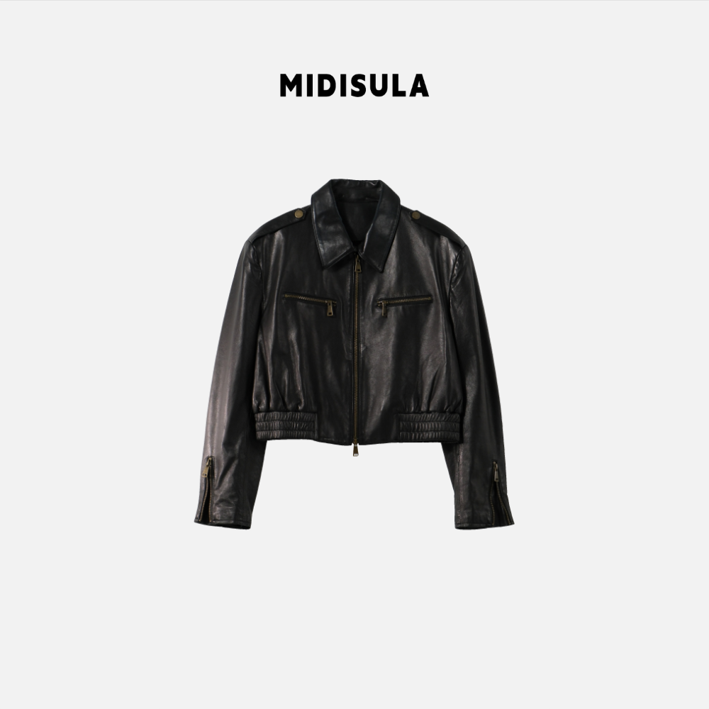 MDSL&早秋欧货时尚慵懒翻领休闲简约口袋拉链皮衣外套#01572