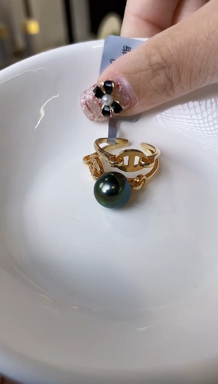 【闪购商品】海水珍珠戒指银S925镶嵌9-10大溪地黑珍珠戒指