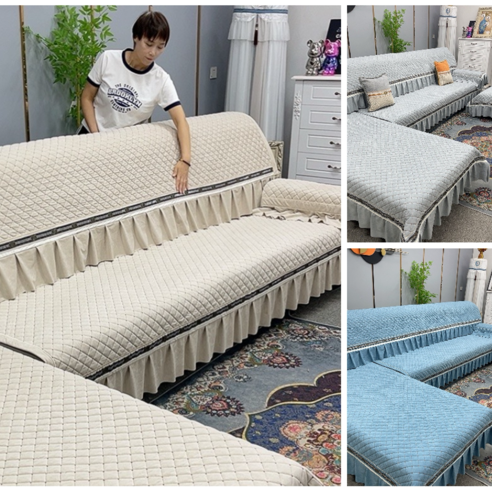 芊诗结全套餐白月光沙发垫加厚沙发套防滑坐垫四季通用三色可选