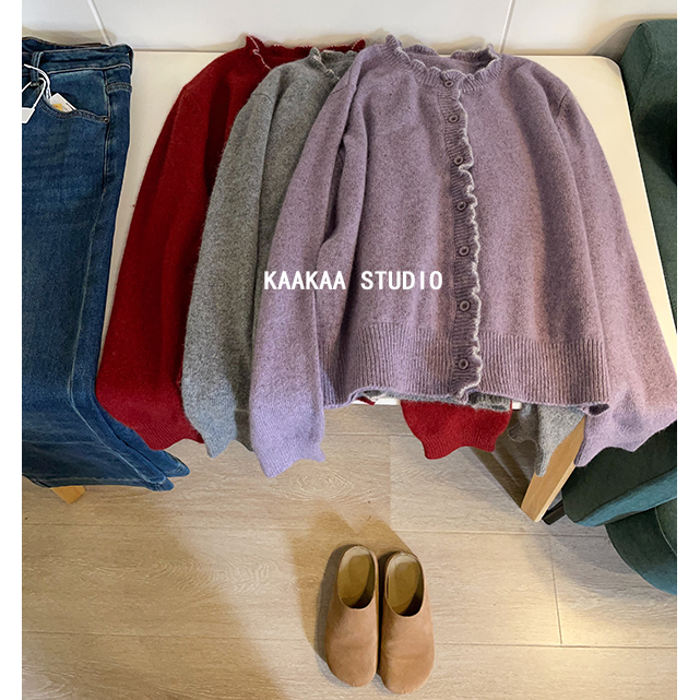 REKAYYAT"紫丁香“绵羊毛+山羊绒时尚百搭木耳边纯色针织开衫