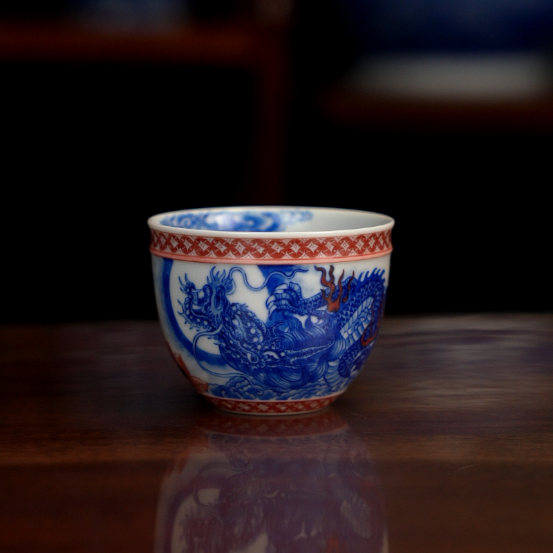 自成堂柴窑青花龙主人杯精美品茗杯家用喝茶主人杯穿云过墙龙缸杯