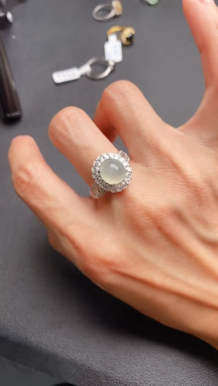 【闪购商品】翡翠戒指银S925镶嵌缅甸天然A货翡翠222  2-11