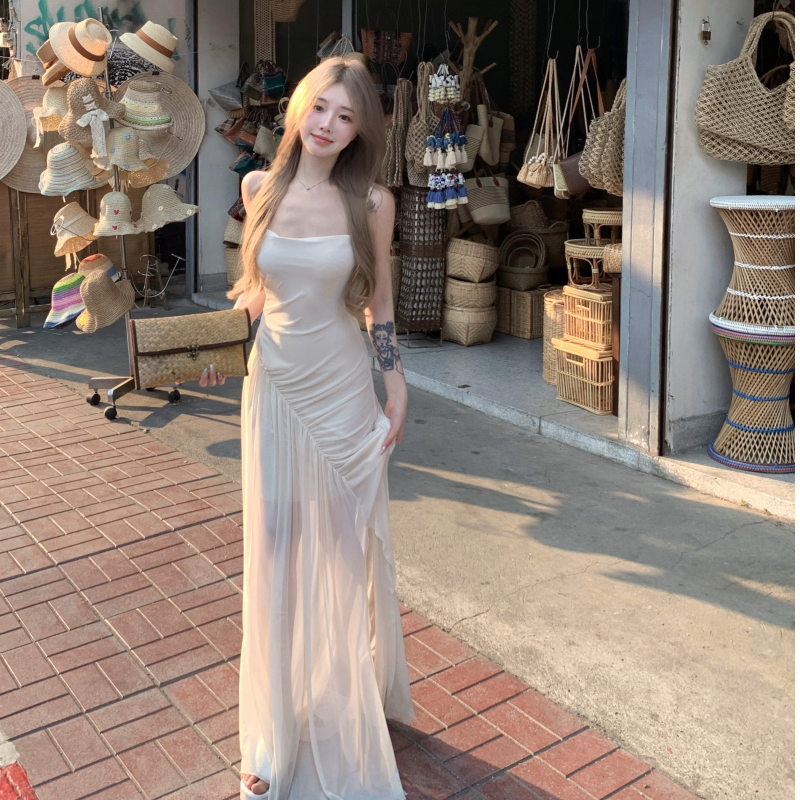 抹胸网纱拼接吊带连衣裙女夏气质修身显瘦高级感微透开叉长裙