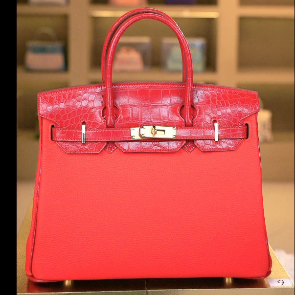 【尺寸：30*15*18】SISI原创设计高定真皮女包 BK-30红色鳄鱼皮手柄