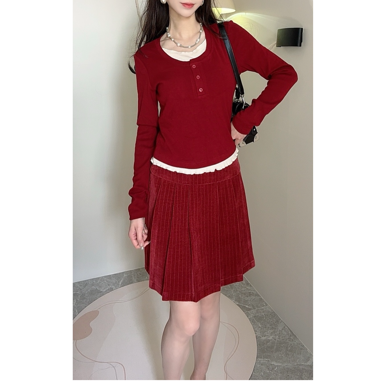 春夏针织上衣长袖荷叶边款网红显瘦气质时尚甜美百褶短裙套装