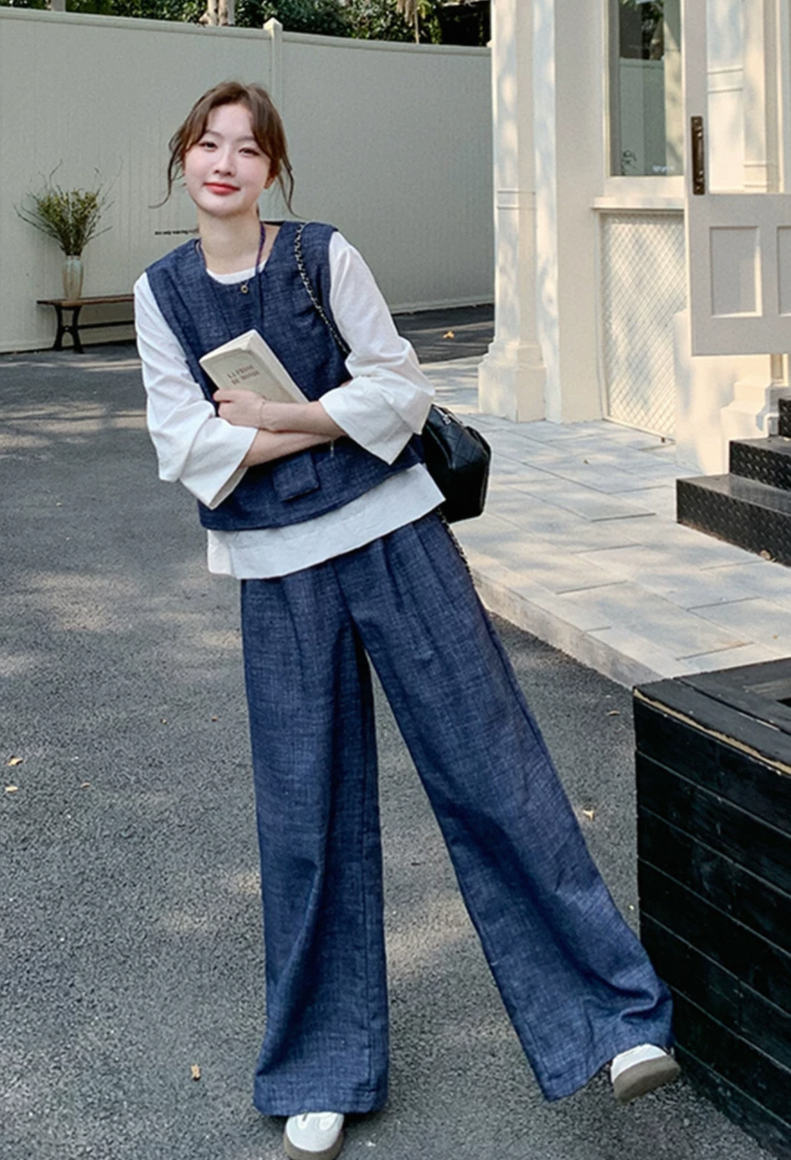 66215#蓝色背心衬衫阔腿裤三件套女2025开春新款高级感