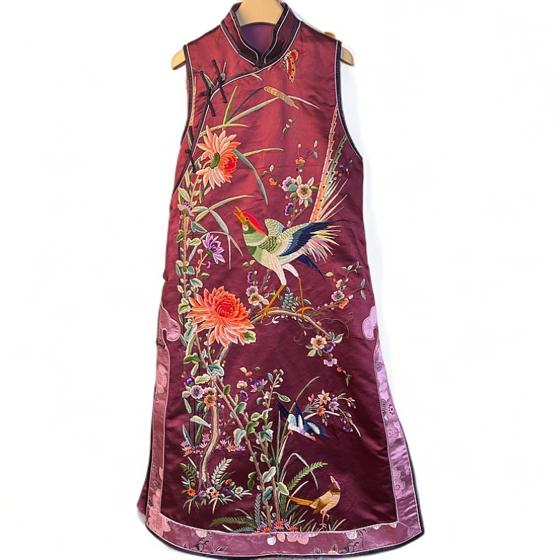 新中式花色马甲国风老绣喜鹊上枝头无袖旗袍刺绣119