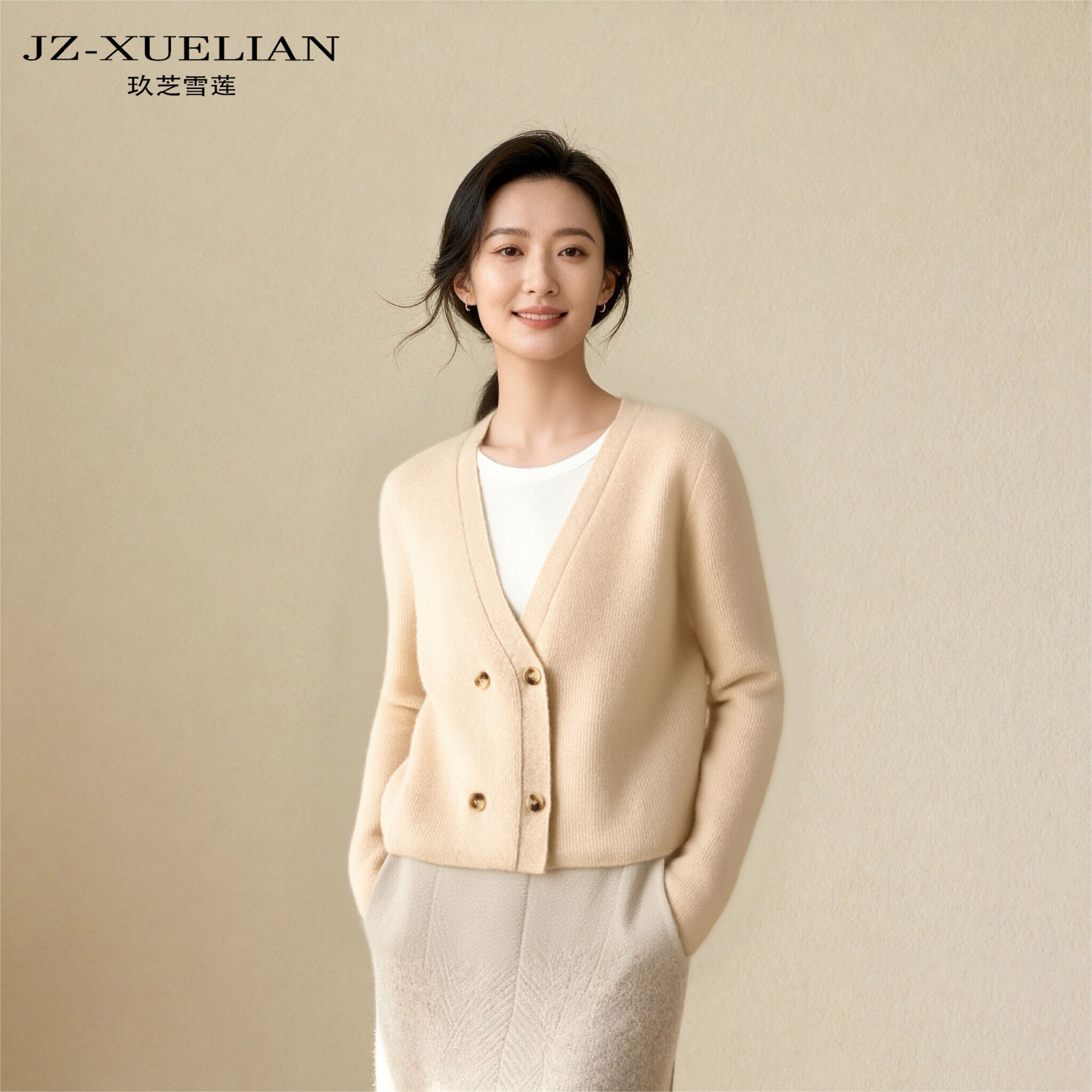 玖芝雪莲【知识分子】纯羊绒双排扣 V 领假两件开衫厚针织气质女C68