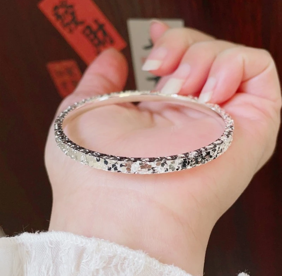 足银手镯 简约足银9999三面碎冰冰闭口手工精致百搭送女友银手镯