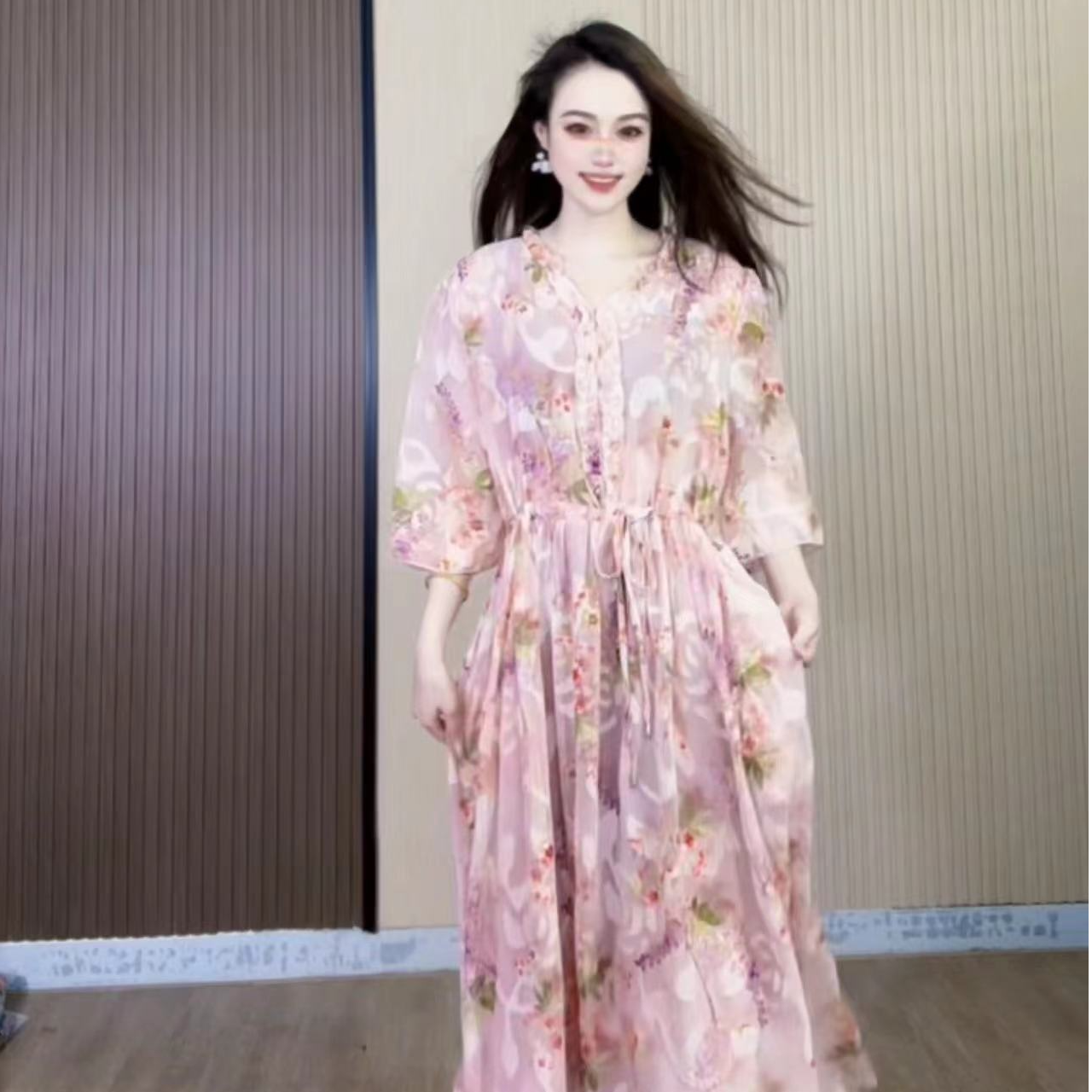 【爱菲雅】文文粉色提花连衣裙