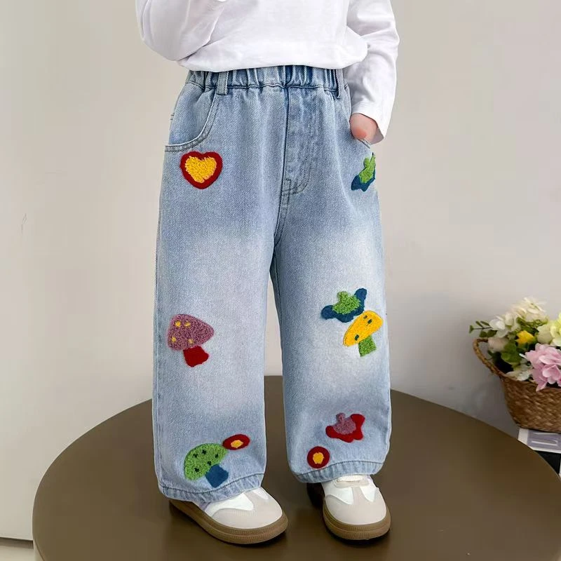 女童裤子秋季2025新款牛仔裤立体绣花时髦洋气阔腿裤休闲直筒裤