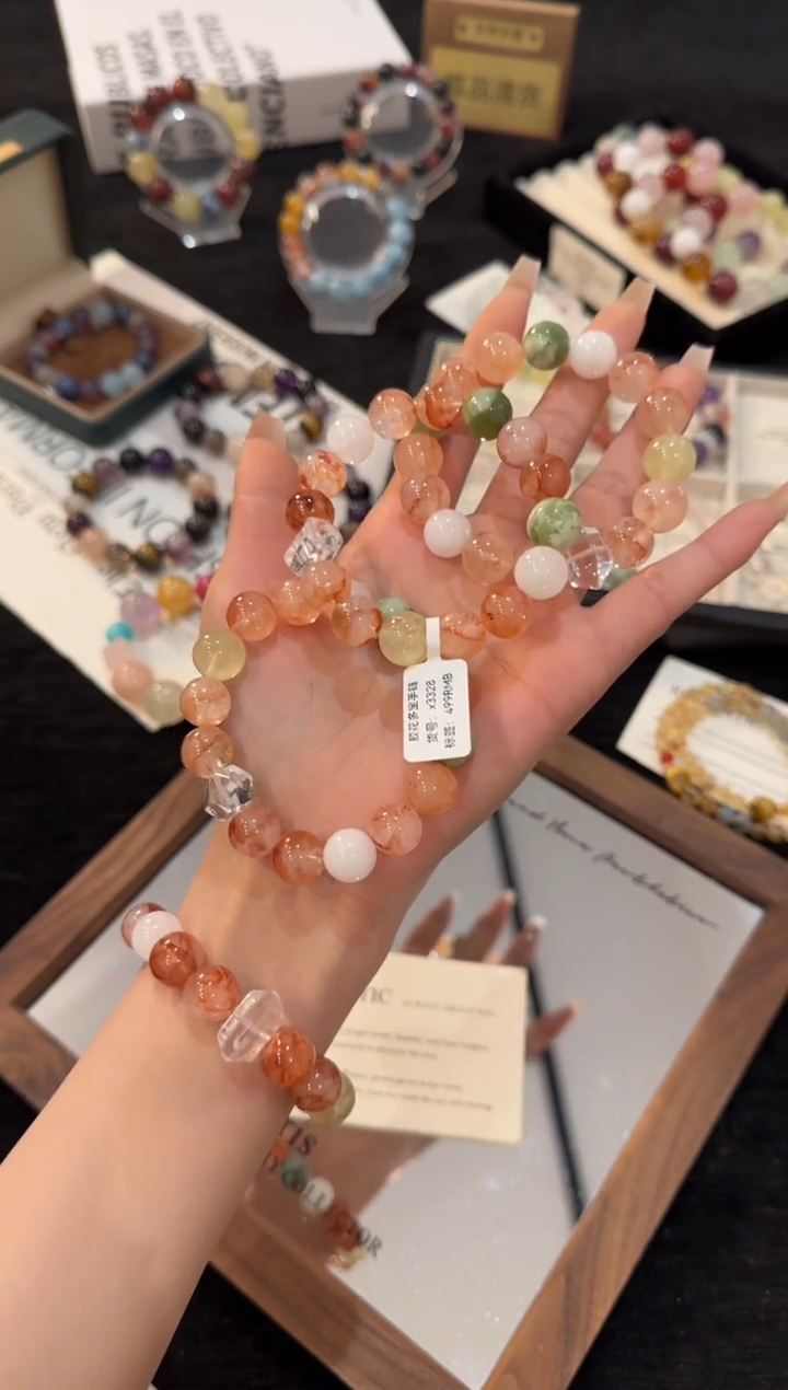 未镶嵌手链水晶粉胶花多宝x3328