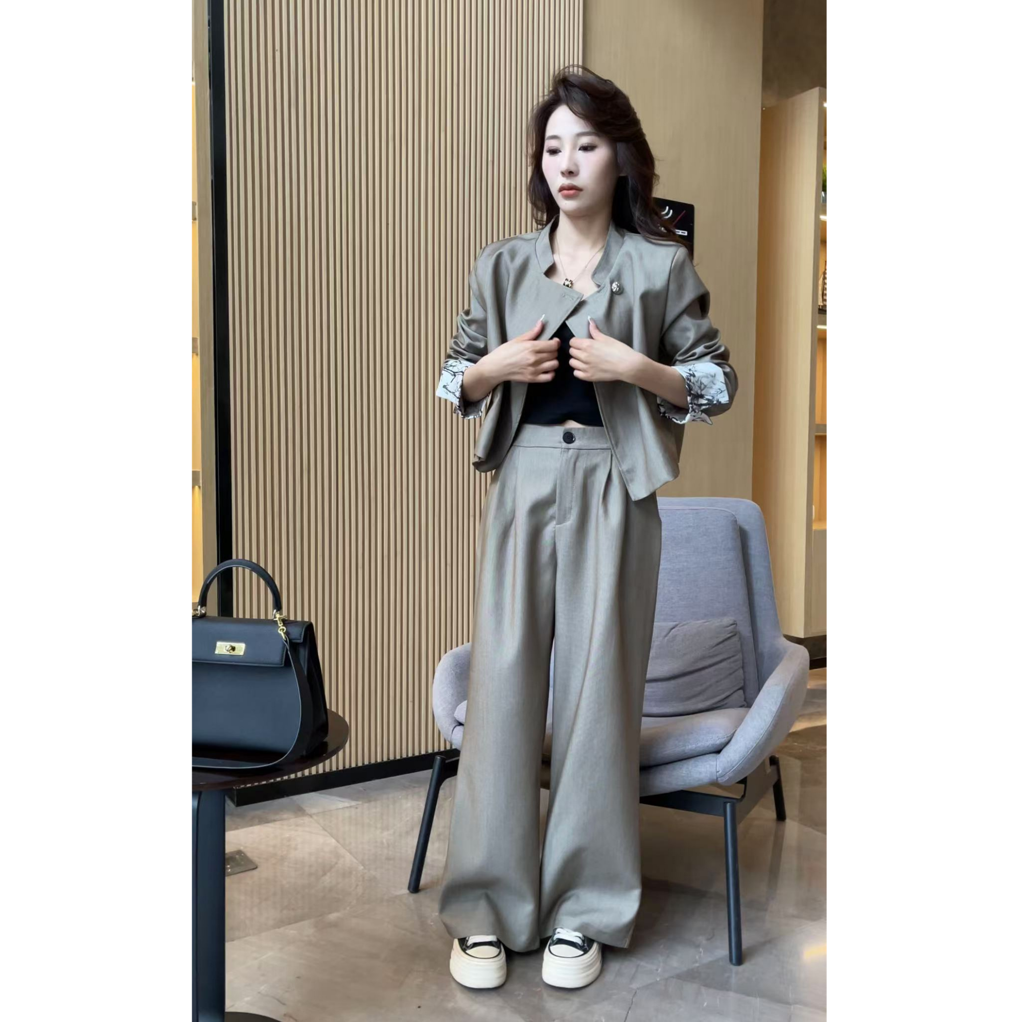 【梦婷家】春季新款高级感时尚气质外套阔腿裤套装-2539