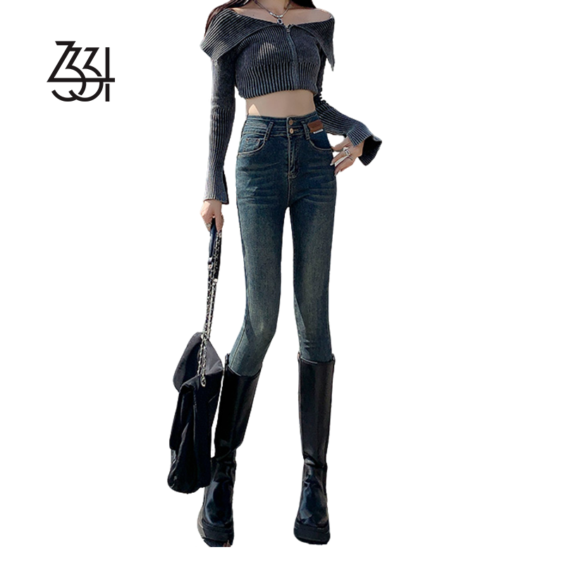 2331水泥灰小脚裤女2025秋冬季新款加绒设计感腰头皮牌排扣铅笔裤