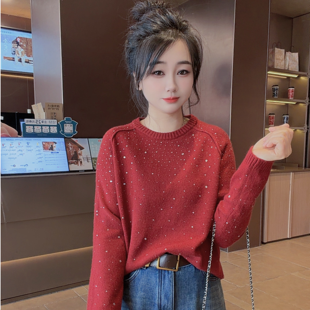 丹丹精选--38357新款圆领重工烫钻装饰设计针织线衣