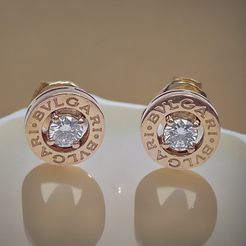 99新 BVLGARI/宝格丽 玫瑰金圆饼镶钻耳钉  