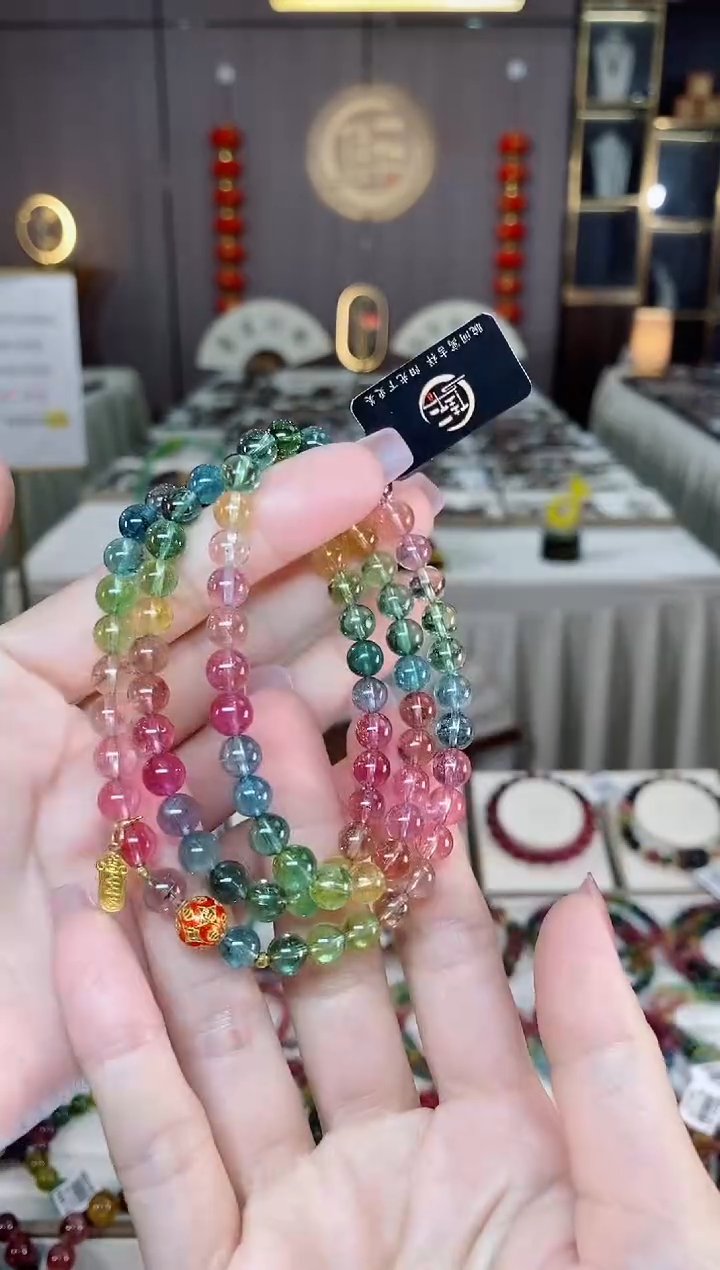 未镶嵌老矿碧玺彩虹三圈手串6mm+碧玺hon多样性发货一条