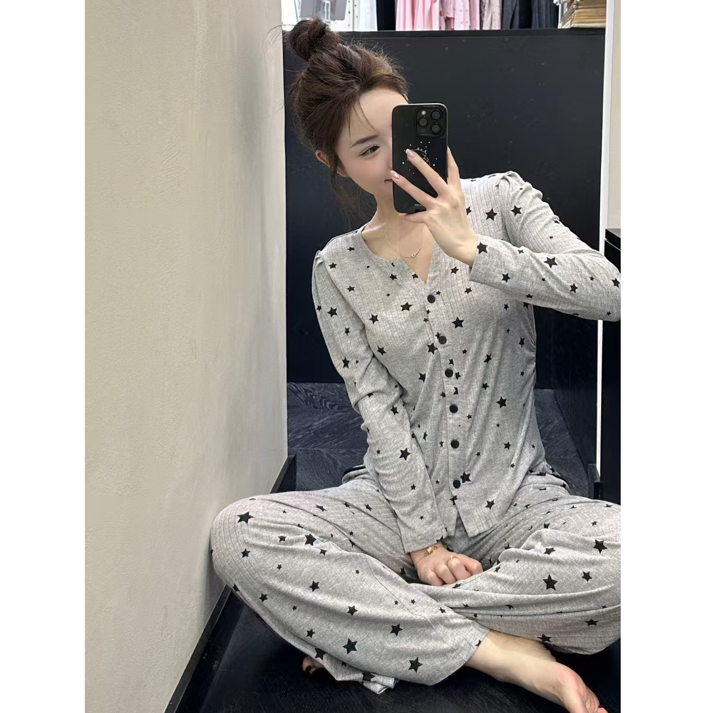 贝蕾丝【星星螺纹开衫】2025年春夏收腰可外穿长袖长裤薄睡衣家居服