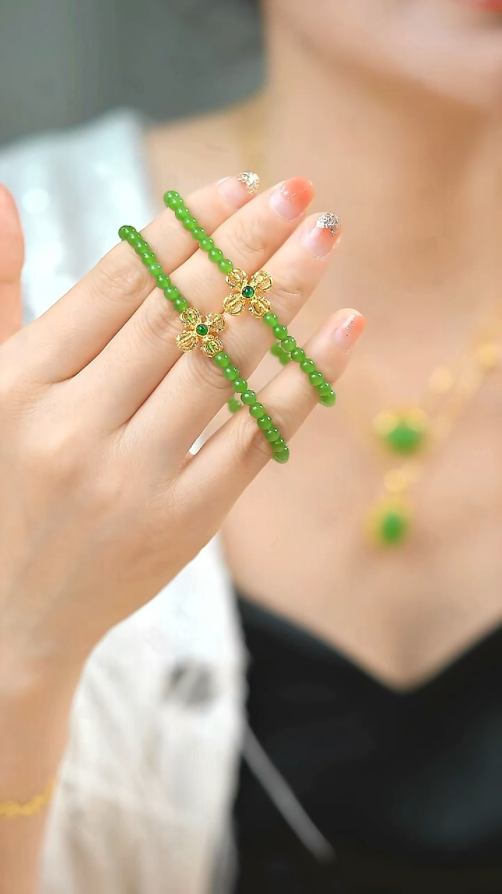 【闪购商品】和田玉手串18K金镶嵌苹果绿手串多样性发一条HNZ9699