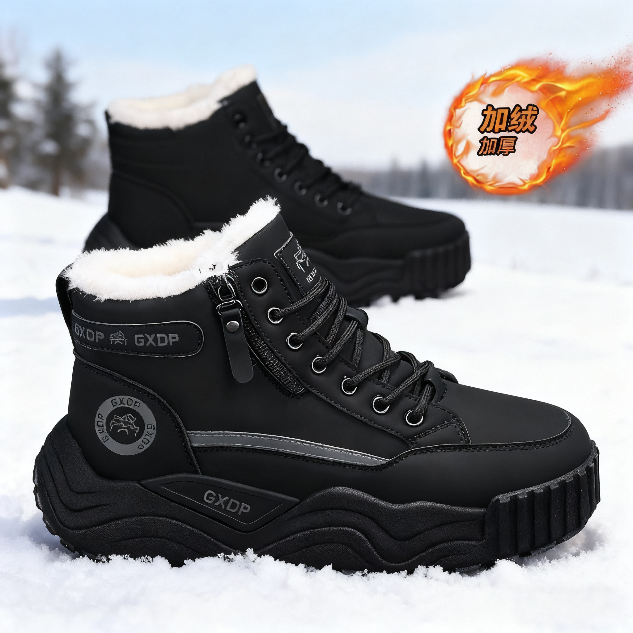 男士雪地靴加绒加厚圆头素面保暖时尚雪地靴防滑靴子棉靴马丁靴