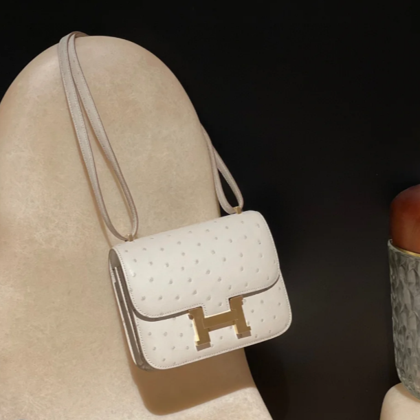 99新 Hermes/爱马仕 小花Jerry599493 康康 19 奶油白 鸵鸟皮 U刻