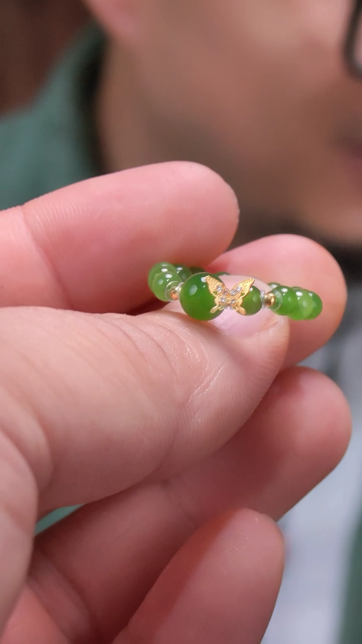 18K金镶嵌戒指和田玉18K金碧玉戒圈ZX