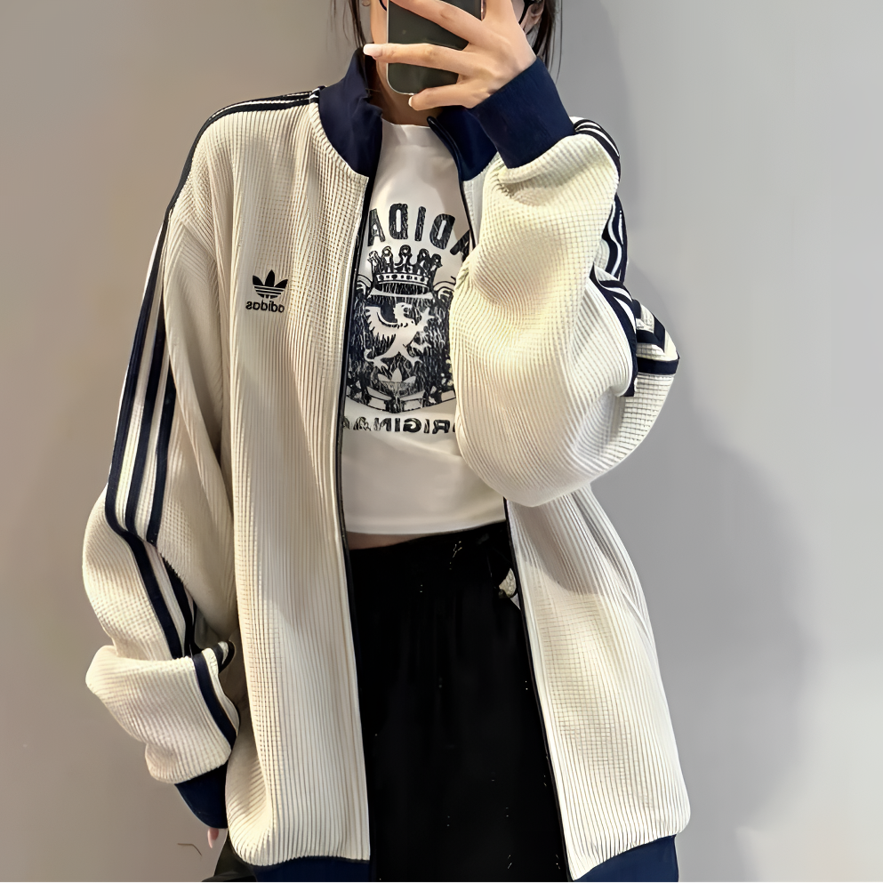 adidas阿迪达斯三叶草男女针织华夫格立领运动宽松夹克外套KC2618