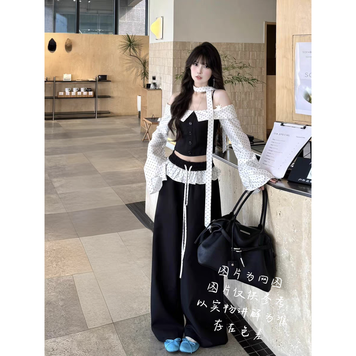【大白莎家】大码MM法式一字肩长袖上衣搭配阔腿裤早秋穿搭套装