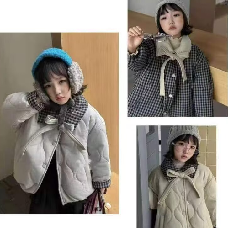 女童冬季新款棉服翻领格子双面穿休闲百搭女宝宝加厚保暖棉衣外套