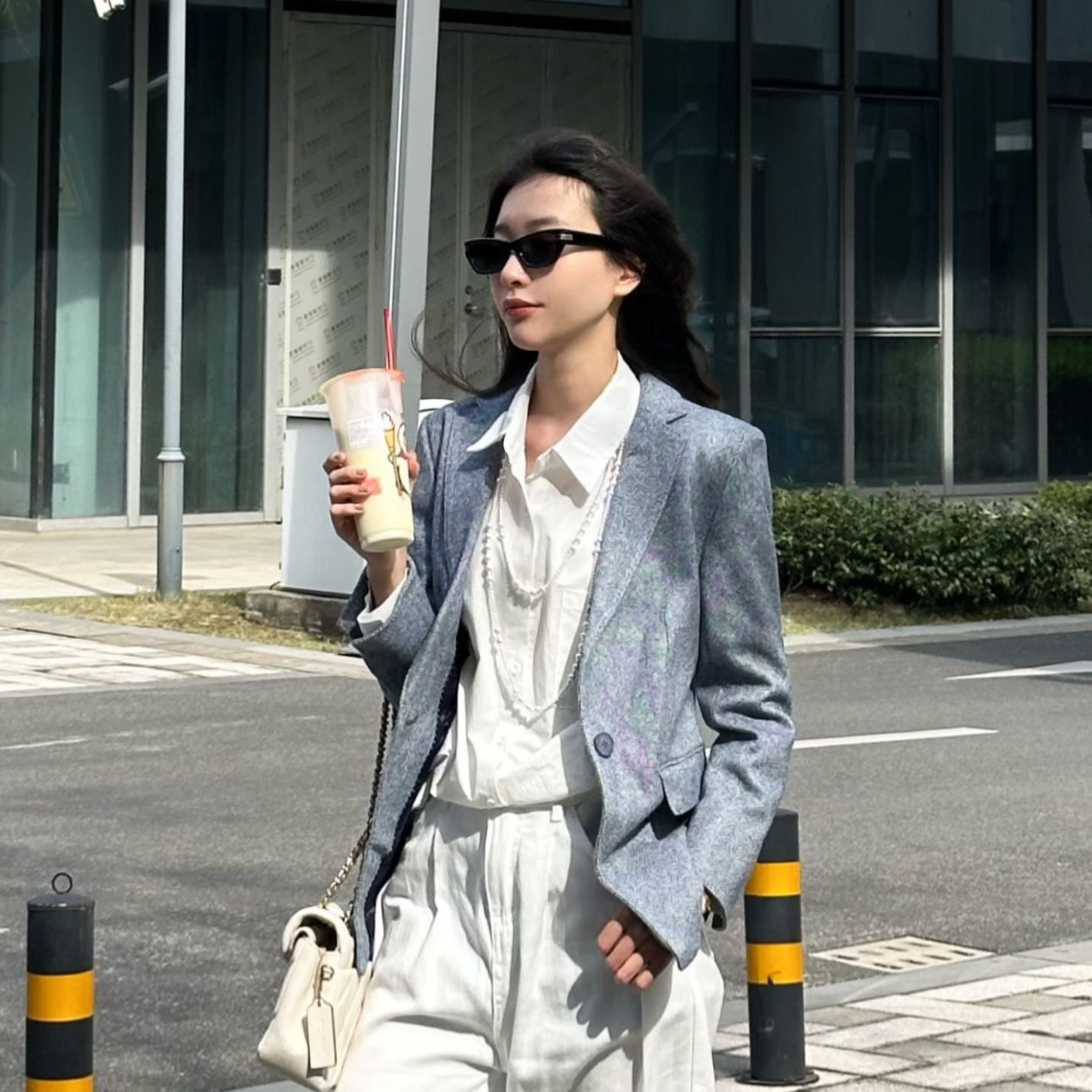 茉澜莫兰迪色系人字纹春秋款时尚西装外套