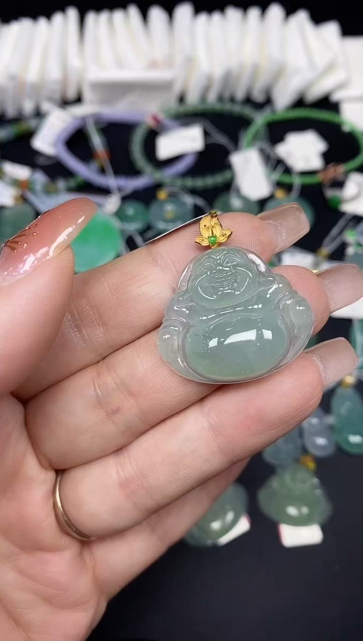 吊坠(不含链)18K金镶嵌翡翠佛公18K金扣镶嵌@@CMT1192-3