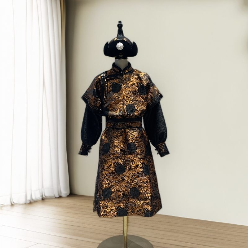 高琦男童黑黄提花双袖重工蒙古服饰走秀日常儿童蒙古袍民族风演出