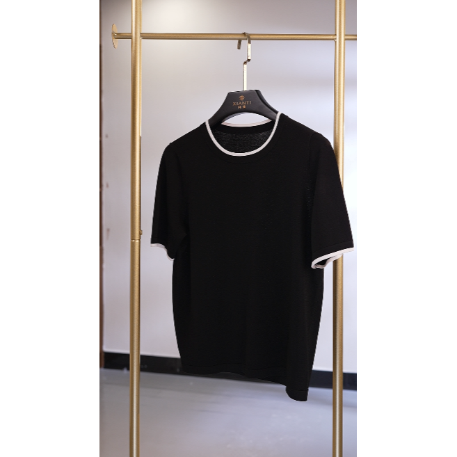 【轻奢-气质】高支进口冰丝黑白撞色圆领短袖针织衫女2502038