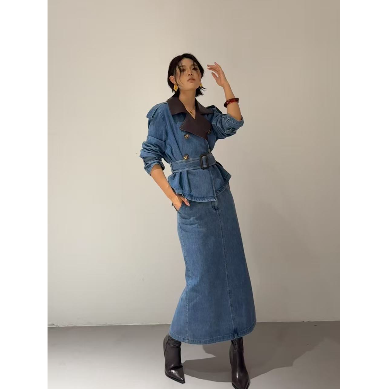 DENGDAHA「时装报刊」复古港风 秋季牛仔外套半裙两件套HBZW800036