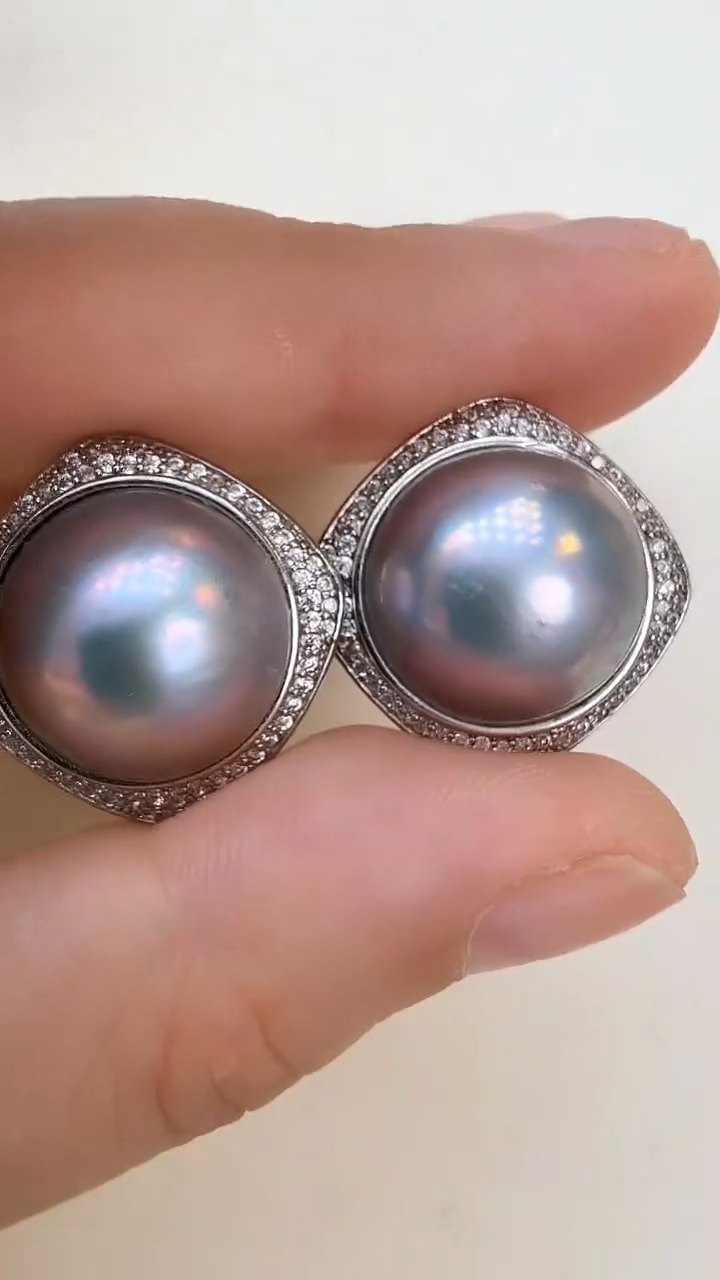 耳饰拼合珍珠（马贝珠）未镶嵌四方灰色