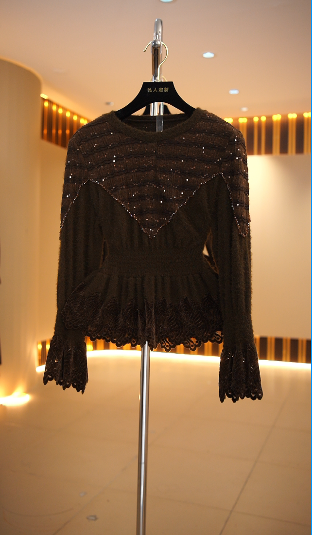 【糖宝专属】秋冬季圆领拼接高弹力亮片长袖轻奢蕾丝小衫6052-1