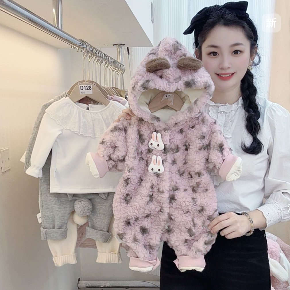 冬款甜酷风灰粉色kt猫可爱超萌加厚加绒爬服外出服女宝宝