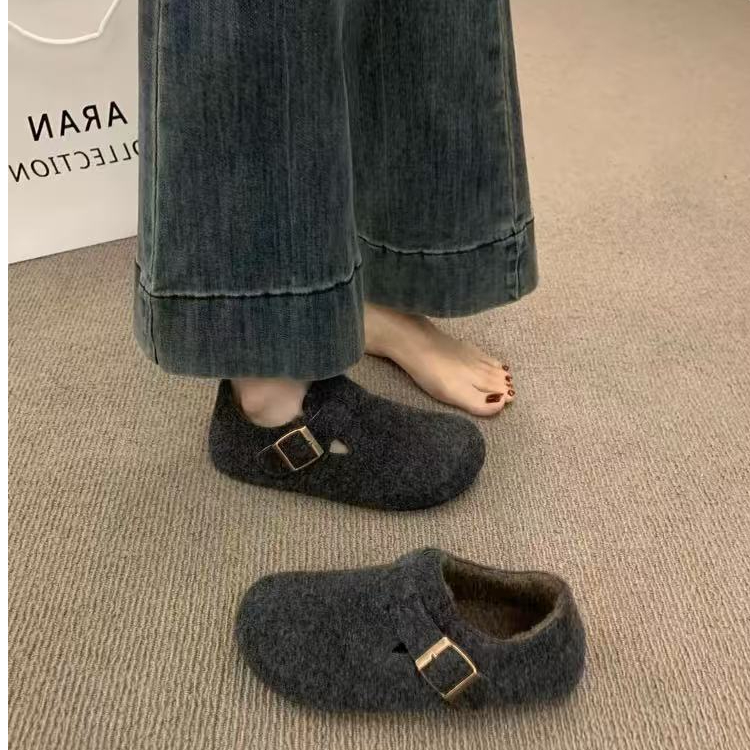 复古圆头毛毡加绒勃肯鞋女内增高秋冬季一脚蹬保暖棉瓢鞋毛呢乐福