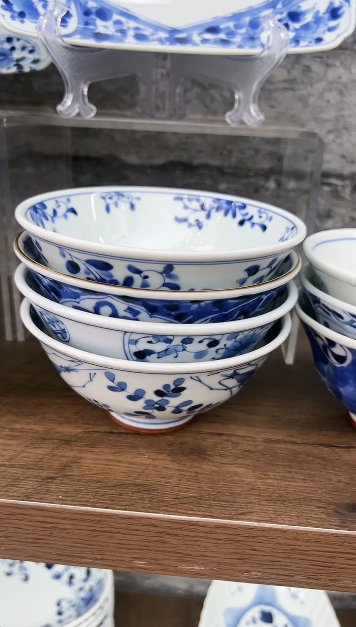 瓷【4支】蓝凛堂茶渍碗14.5cm-花伊万里+海之虾+宝寿纹+菊唐草