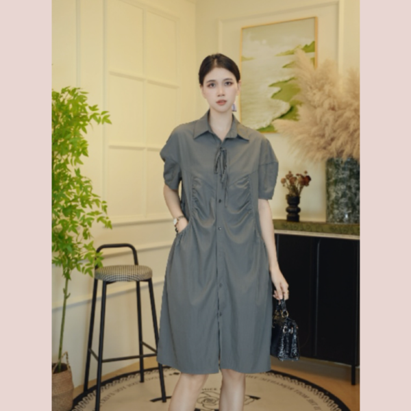 显瘦简约百搭翻领大口袋宽松短袖衬衫不规则连衣裙气质休闲