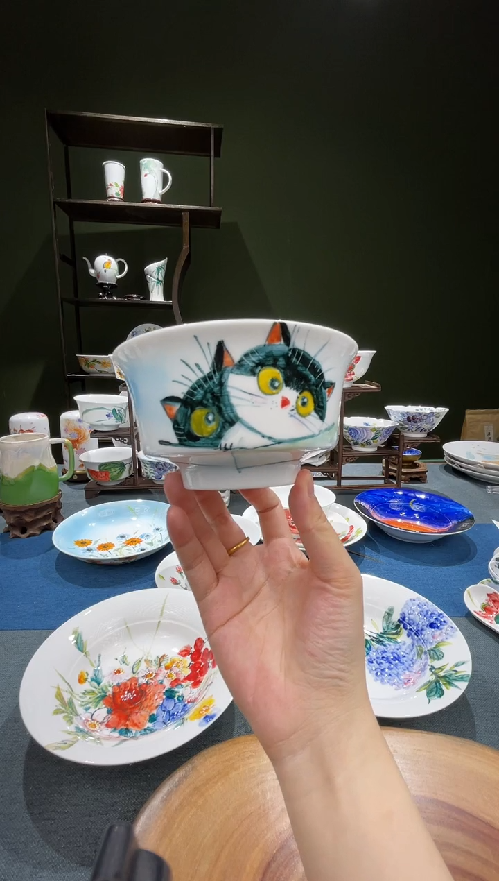 碗景德镇高温釉下彩4.75英寸金钟碗小猫