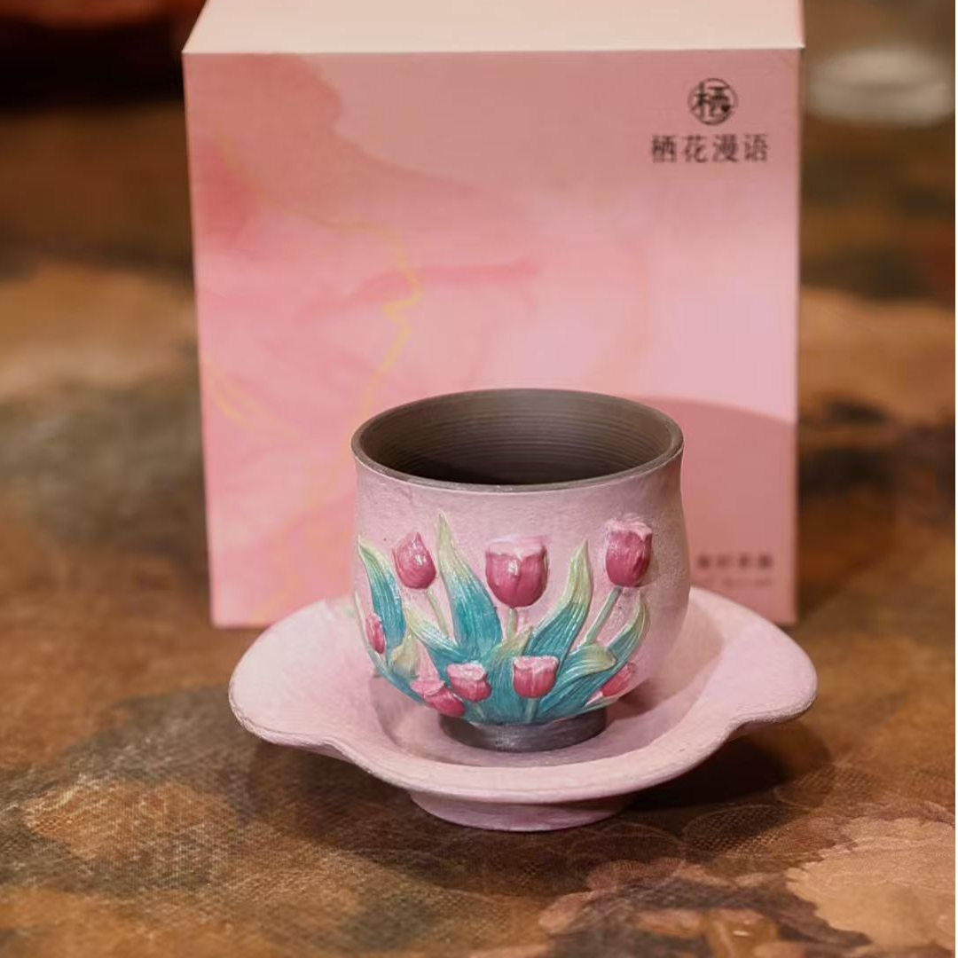 粉老岩泥·白泥釉·手绘郁金香·杯子A13052➕A13054