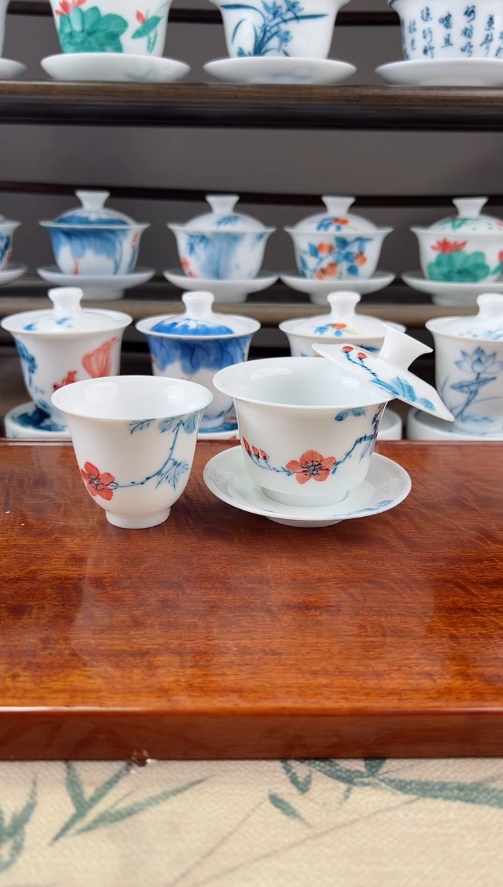 微瑕山茶花三才小马蹄盖碗+闻香杯