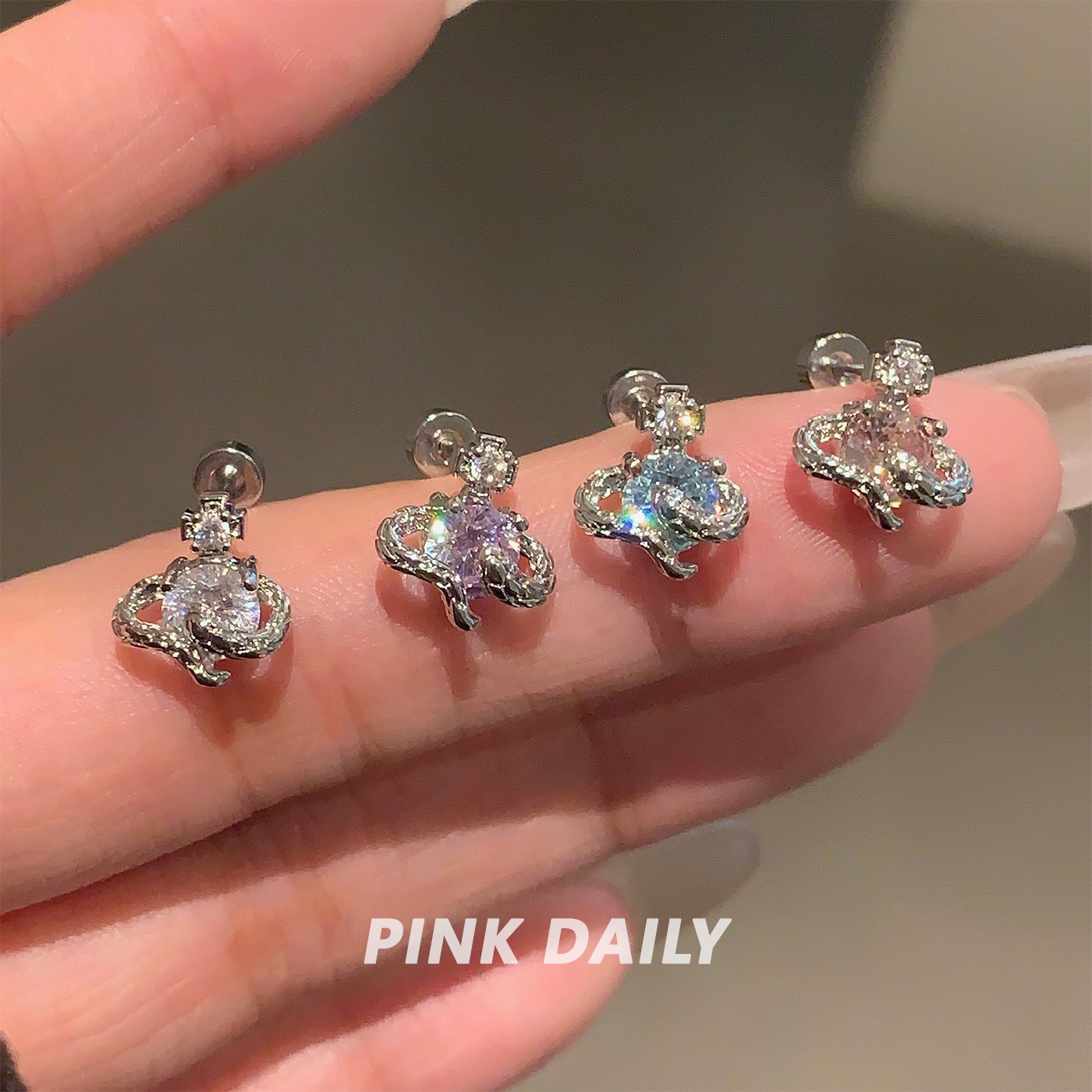 钛钢耳饰钛钢耳饰PinkDaily彩色锆石蛇形耳钉土星耳钉