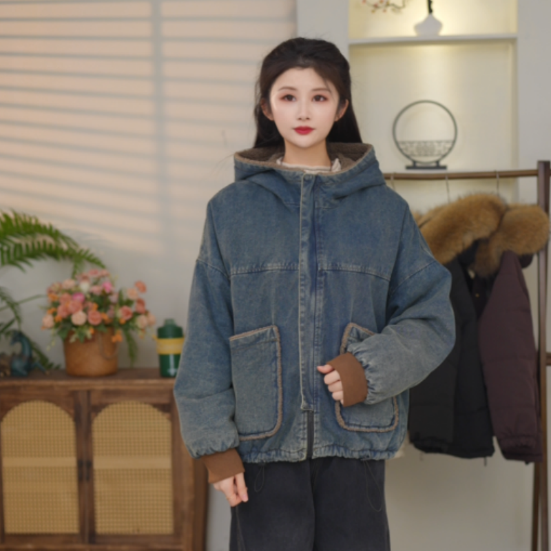 连帽宽松型保暖短款长袖棉服女装双面穿颗粒绒外套水洗牛仔棉服